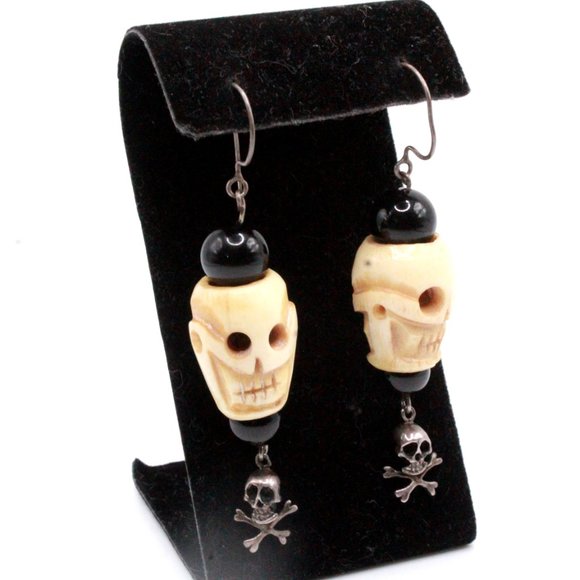 Vintage Sterling Silver Skull Sculpted Unique Dangle 3" Long Earrings - Picture 6 of 8